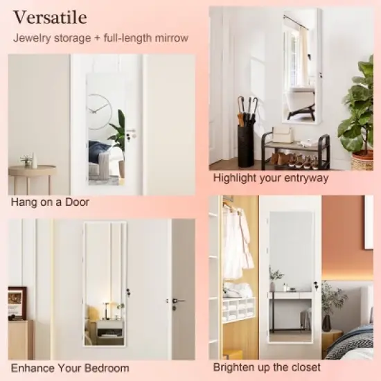 VECELO Mirrored Jewelry Cabinet Wall, Door Mounted Jewelry Organizer with LED Lights and Lockable Full Length Mirror, White image {6}