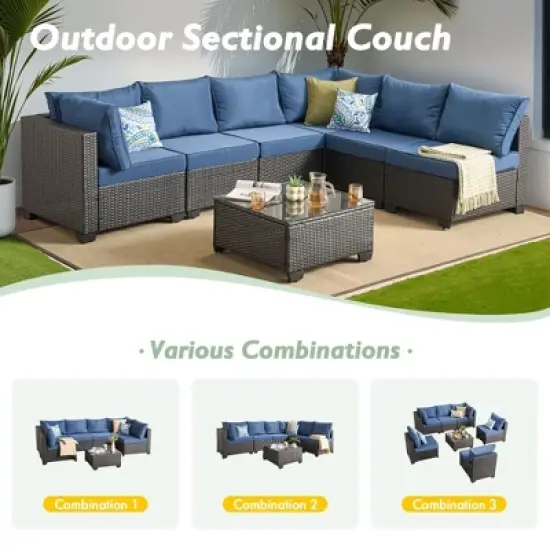 XIZZI Modular Patio Furniture Set, Outdoor Sofa Set with Corner Units, Center Sofas & Coffee Table, Durable & All-Weather Design, 7 Pcs/Set, Dark Blue image {2}