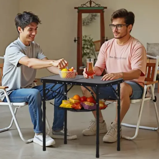 VEVOR Folding Camping Table, Adjustable Height Portable Side Tables, Aluminum MDF Beach Table with Mesh Layer, Carrying Handle, 24x16in, Black image {1}