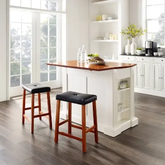 Coventry Drop Leaf Top Kitchen Island with Upholstered Saddle Stools White - Crosley image {3}