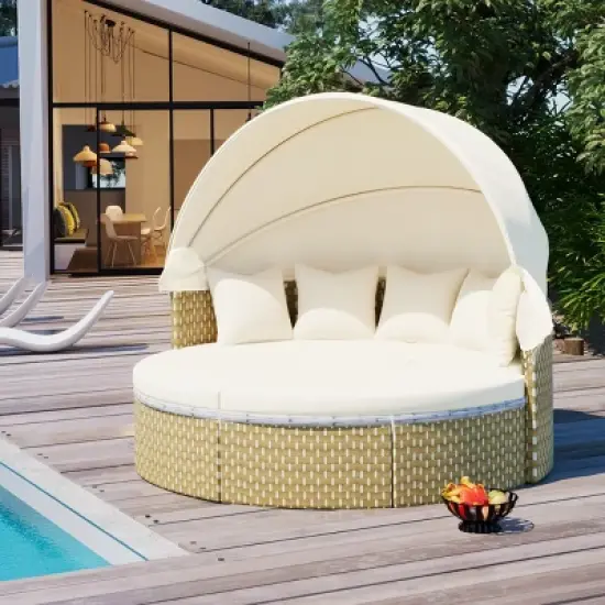 4 Piece Outdoor Wicker Patio Furniture Set,Round Sectional Sofa with Retractable Canopy,Patio Daybed with Adjustable Table,Cushions-Coolbibila image {2}