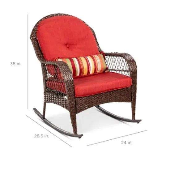 Best Choice Products Outdoor Wicker Rocking Chair for Patio, Porch w/ Steel Frame, Weather-Resistant Cushions - Red image {6}