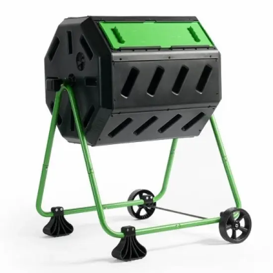 FCMP Outdoor HOTFROG 37 Gallon Plastic Dual Chamber Tumbling Composter Outdoor Elevated Rotating Garden Compost Bin, Green/Black image {1}