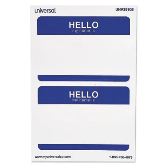 Universal Hello Self-Adhesive Name Badges, 3.5 x 2.25, White/Blue, 100/Pack image {1}
