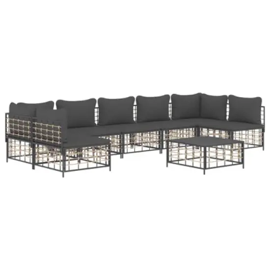 vidaXL 8-Piece Outdoor Patio Lounge Set - Anthracite Poly Rattan Furniture with Powder-Coated Steel Frame, Cushioned Seats and Modular Design. image {2}