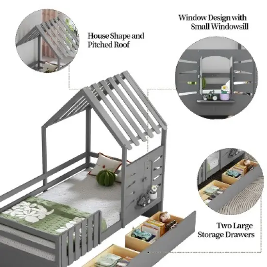 Twin Size Wooden House Platform Bed for Kids, Playhouse Design Bed Frame with Roof & Window, 2 Storage Drawers, White/Gray - ModernLuxe image {3}