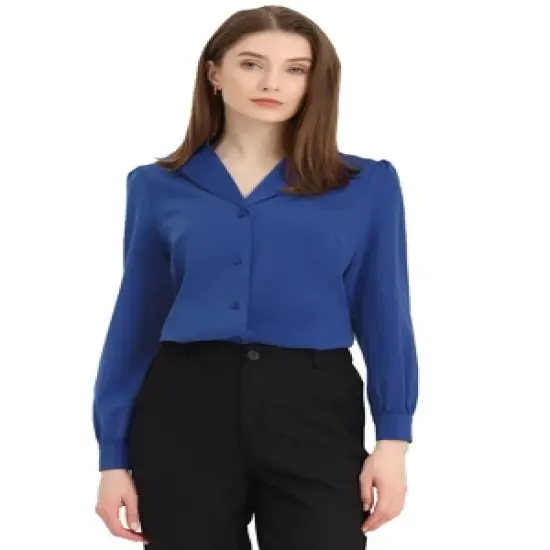 Allegra K Women's Elegant Collar V Neck Long Sleeve Work Office Satin Button Down Shirt image {9}