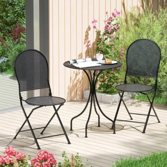 Costway 3 PCS Metal Bistro Set Round Table & 2 Folding Chairs with Rattan-Like Pattern Black/White image {10}