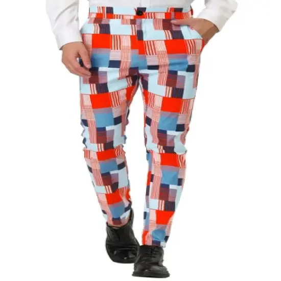 Lars Amadeus Men's Casual Geometric Printed Color Block Flat Front Dress Pants image {6}