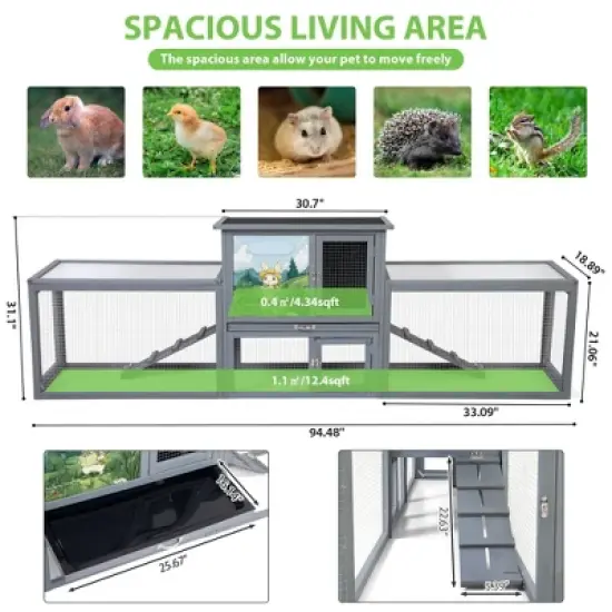 Sandinrayli Large Rabbit Hutch Outdoor Indoor, 94.5" L 2-Level Wooden Pet House with Removable Tray & Multiple Entrances, Grey image {4}
