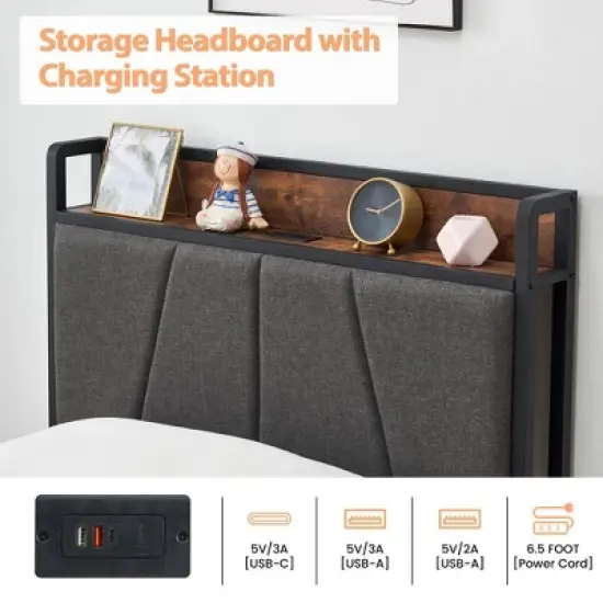 WhizMax Twin Size Bed Frame with 2 Storage Drawers and Charging Station, Rustic Linen Upholstered Platform Bedframe with Storage Headboard image {4}