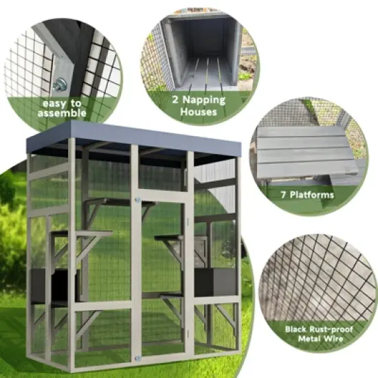 ORRD 62.6" Gray Wooden Outdoor Catio with Waterproof Roof, Secure Pet Enclosure with Houses & Rust-Proof Wire image {3}
