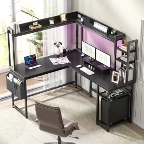 Aheaplus Reversible L-Shaped Computer Desk with Storage Shelf, Home Office Desk with Charging Station, Led Light image {8}