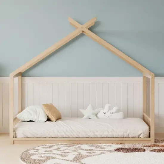 Okak Montessori House Floor Bed Twin/Full Size,Solid Wood Bed Frame with Safety Rails & Headboard, Low-Profile Kids Bed,Slat Not Required image {5}