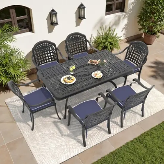 7-Piece Cast Aluminum Outdoor Dining Set with Blue Cushions, Rectangle Table & Stackable Chairs - for Patio, Backyard image {10}