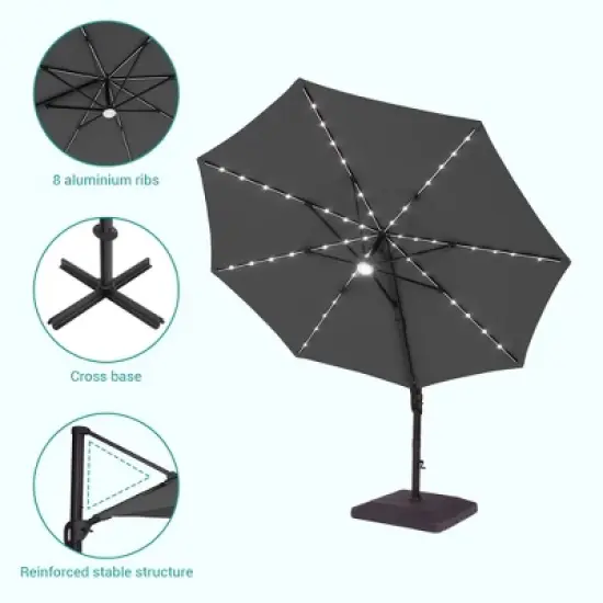 Sonkuki Outdoor 11Ft Aluminum LED Cantilever Patio Umbrella with Base for Patio Deck Garden image {3}