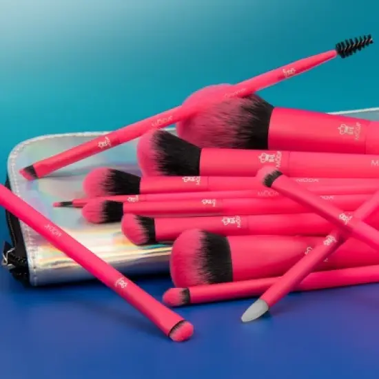MODA Brush Totally Electric Neon Pink Full Face 13pc Makeup Brush Kit, Includes Complexion, Highlight & Glow, and Crease Makeup Brushes image {2}