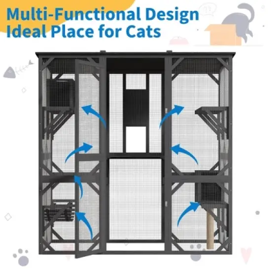 Jojoka 70 Inch Large Walk-in Outdoor Catio Cat Enclosure with Window Access, Roof, Resting Boxes, Hammock, Scratching Post, Grey image {4}