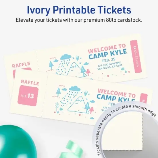 Avery Printable Rectangle Tickets, 2-3/4" x 8-1/2", Matte Ivory Cardstock, Laser/Inkjet, 40 Total image {1}