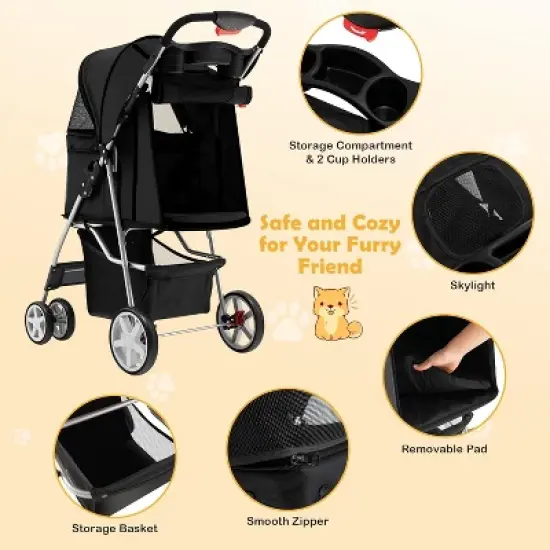 Tangkula 4 Wheels Pet Stroller Folding Cat Dog Stroller W/Storage Basket & Tray Adjustable Canopy All-Terrain EVA Wheels Foldable Cart image {7}