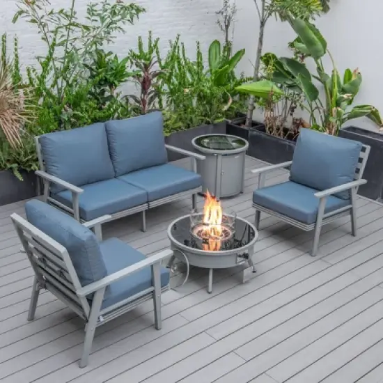 LeisureMod Walbrooke 4-Piece Outdoor Patio Conversation Set &ndash; Grey Trim Fire Pit Table with Cushioned Ottoman for Patio, Deck, Balcony & Backyard image {20}