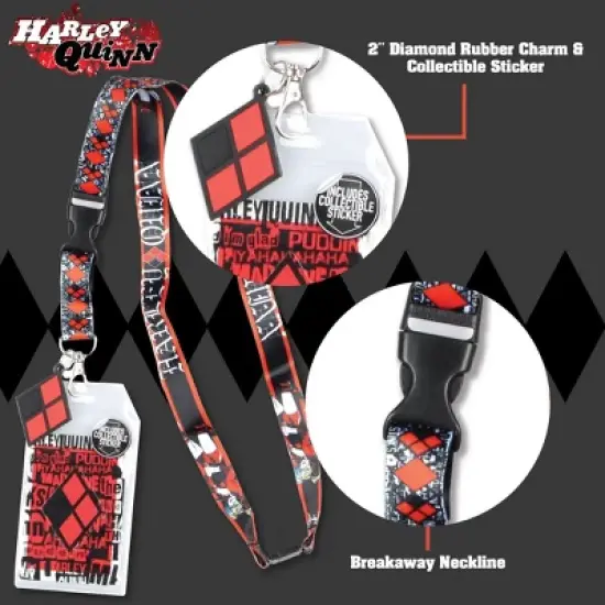 DC Comics Harley Quinn Diamond Pattern and Quotes Lanyard ID Badge Holder image {3}