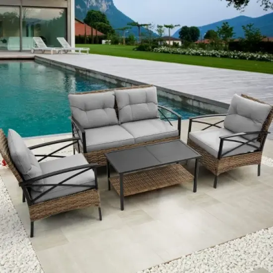 4-Piece Patio Conversation Set with Cushions, Rattan Wicker Outdoor Sofa Set for Garden, Balcony, Deck or Low Dining Lounge Space-Maison Boucle image {8}