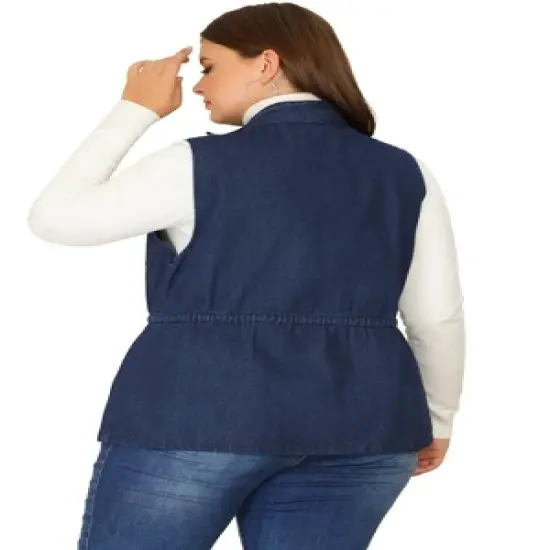 Agnes Orinda Women's Plus Size Utility Anorak Cargo Drawstring Jean Denim Jacket Vest image {3}