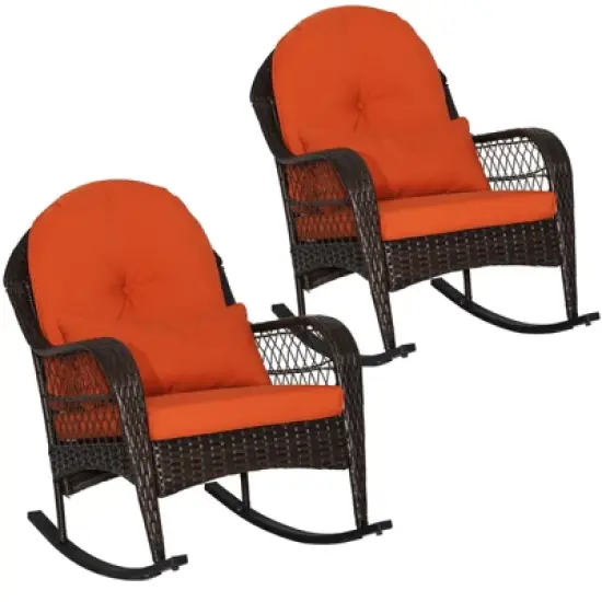 Tangkula 2-Piece Patio Garden Wicker Rattan Rocking Chair Furniture w/ Cushion image {6}