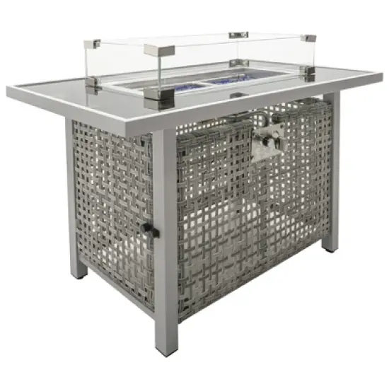 43" Propane Gas Fire Pit Table, 60000 BTU Rectangular Open Weave Wicker Fire Pit with Glass Wind Guard for Outside Patio Deck Garden Backyard - Grey image {10}