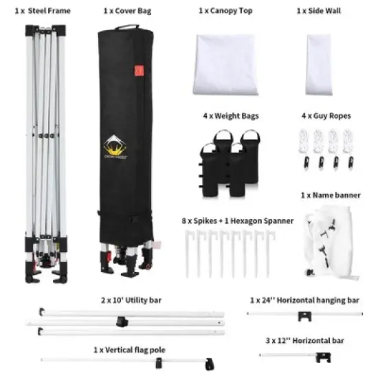 Crown Shades 10' x 10' Base Pop-Up Canopy Polyester Adjustable Legs Instant Folding Canopy Tent with Sidewall and Carry Bag, White image {4}