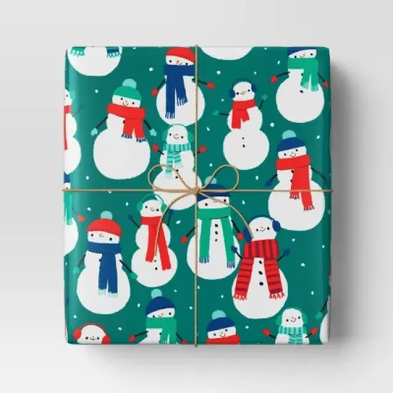 30" 50 sq ft Christmas Roll Wrap Snowmen on Green - Wondershop&trade; image {1}