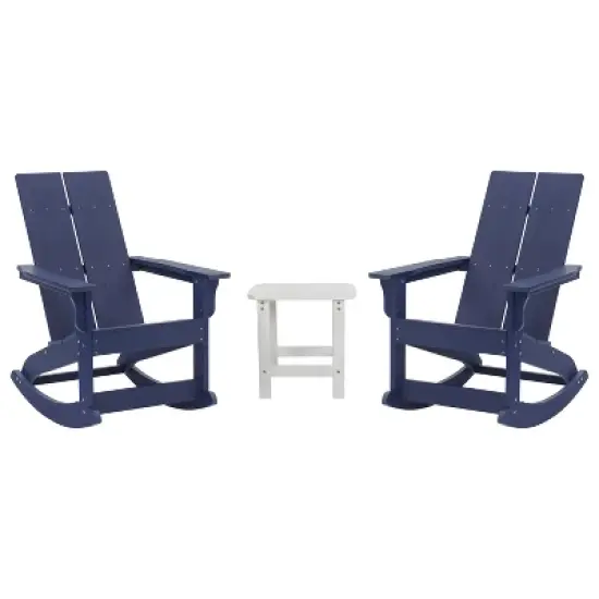 Flash Furniture Set of 2 Finn Modern Commercial Grade All-Weather 2-Slat Poly Resin Rocking Adirondack Chairs with Side Table image {12}