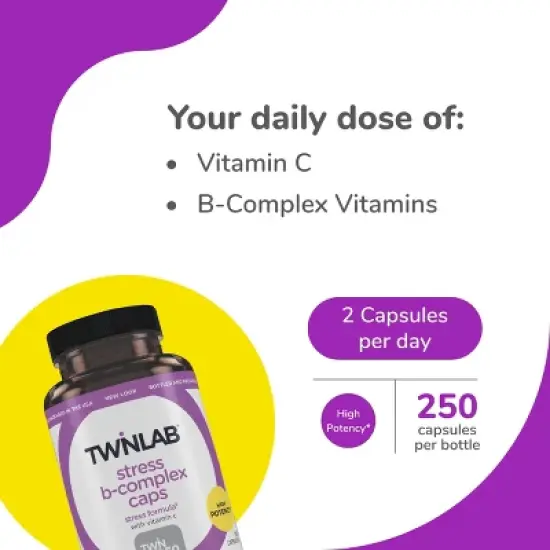 Twinlab Stress B-Complex Caps - Energy Support Supplement with Vitamin B12 and B6 - 250 Capsules image {2}