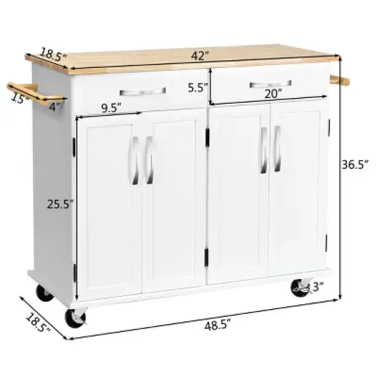 Costway Kitchen Trolley Island Utility Cart Wood Top Rolling Storage Cabinet Drawers White image {2}