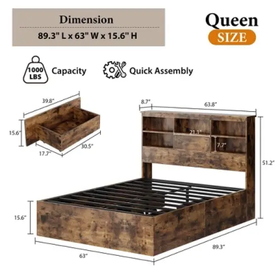Storage Wooden Bed Frame with Bookcase Headboard and 4 Large Drawers image {2}