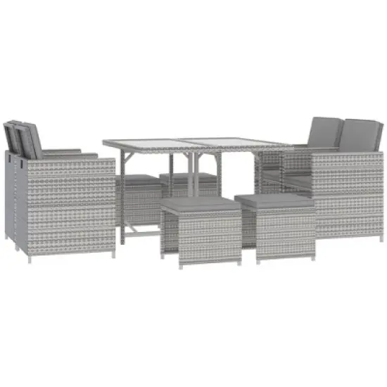 Outsunny 9 Piece Patio Wicker Dining Sets, Space Saving Outdoor Sectional Conversation Set, with Dining Table, Ottoman image {3}