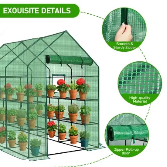 SEVOBAL Greenhouse Outdoor Durable PE Plant Green House for Frost Protection Shelf Clips Roll-up Zipper Door Walk-in for Planter, Green, 99"*37"*17" image {4}