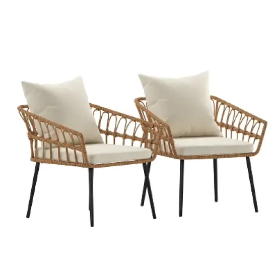 Emma and Oliver Indoor/Outdoor Bohemian Natural Rattan Rope Patio Chairs with Open Weave Design and Removable Plush Cushions image {5}