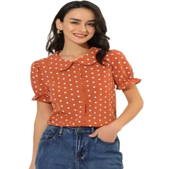 Allegra K Women's Elegant Puff Sleeve Polka Dots Peter Pan Collar Vintage Shirt Top image {6}