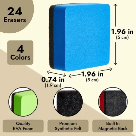 Juvale 24 Pack Magnetic Mini Dry Erase Erasers for Classroom, Whiteboard 4 Colors, 1.96 x .74 In image {4}