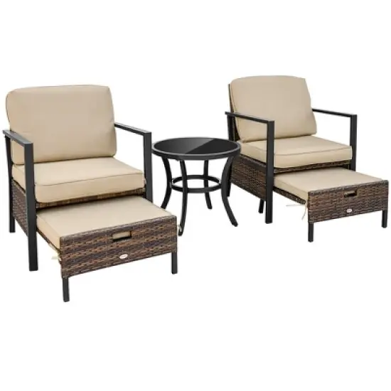 Costway 5PCS Patio Wicker Conversation Set Space Saving Cushions Chairs with Ottomans Table image {9}