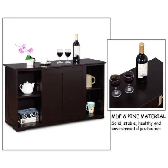 Costway Kitchen Storage Cabinet Sideboard Buffet Cupboard Wood Sliding Door Pantry Brown image {5}