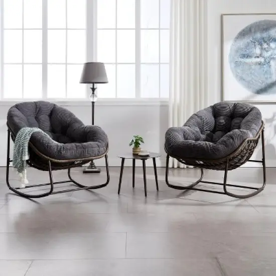 Dolonm Outdoor Rattan Rocking Chair with Padded Cushion, Oversized Recliner Rocker for Porch, Patio, Garden, Living Room, 250lbs Capacity image {2}