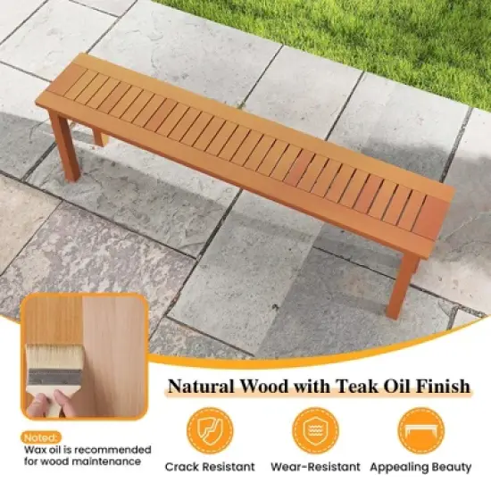 Costway 59" Long Patio Dining Bench with Teak Oil Finish & Slat Seat Accent Entryway Bench image {5}