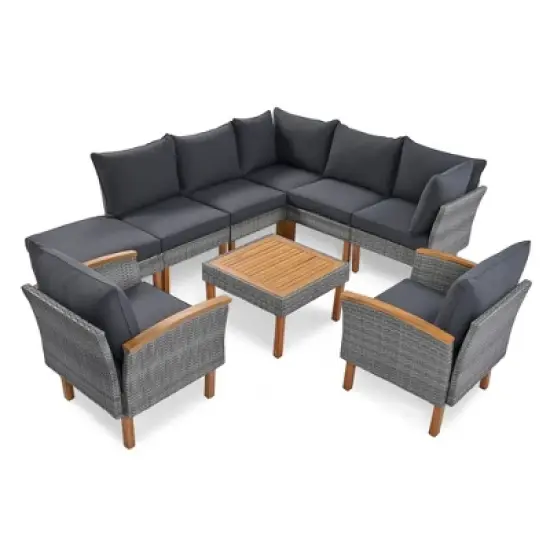 FIONECA 9-Piece Outdoor Patio Rattan Furniture Set with Acacia Wood Legs & Tabletop, PE Rattan Sectional Sofa & Coffee Table, Gray Cushions image {6}
