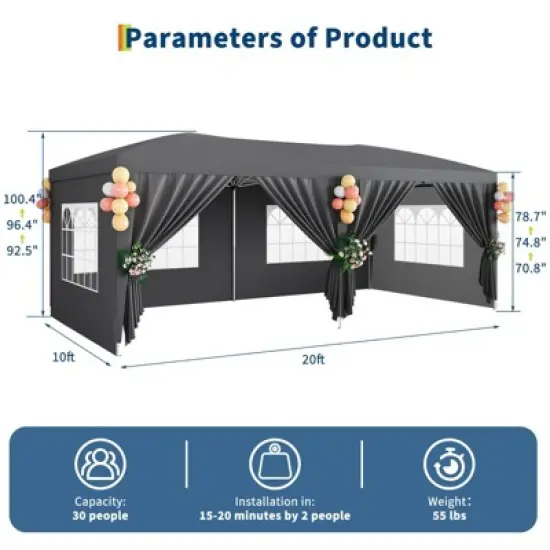 10x20 Heavy Duty Pop Up Canopy Tent with 6 Removable Sidewalls, Easy Up Commercial Canopy Tents for Parties image {5}
