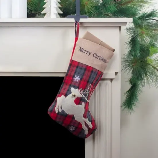 Northlight Plaid Merry Christmas Reindeer Stocking - 19" - Red and Green image {1}