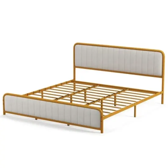 Costway Full Gold Metal Bed Frame Upholstered Platform Bed with Velvet Headboard image {11}