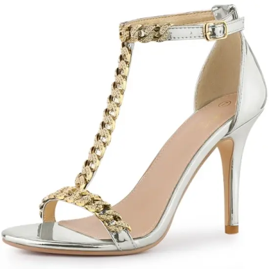 Perphy T Strap Rhinestone Ankle Strap Stiletto Heels Sandals for Women image {7}